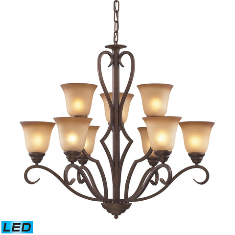 9 Light Chandelier In Mocha And Antique Amber Glass - LED'S Offering Up To 7,200 Lumens (540 Watt Equivalent) With Full Range Dimming. Includes Easily Replaceable LED Bulbs (120V).