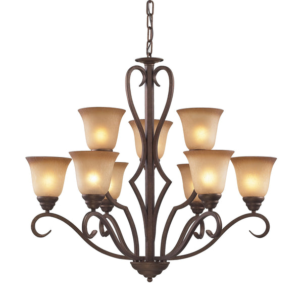 9 Light Chandelier In Mocha And Antique Amber Glass
