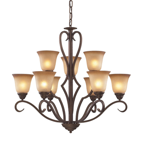 9 Light Chandelier In Mocha And Antique Amber Glass
