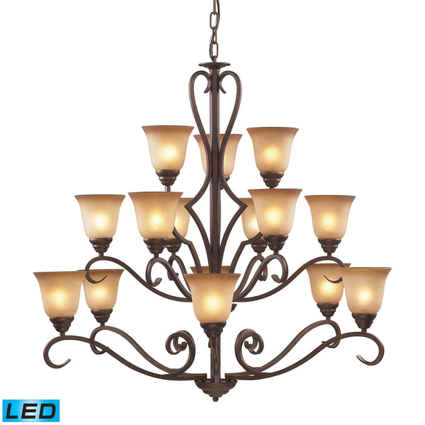 15 Light Chandelier In Mocha And Antique Amber Glass - LED, 800 Lumens (12,000 Lumens Total) With Full Scale Dimming Range, 60 Watt (900 Watt Total)Equivalent , 120V Replaceable LED Bulb Included