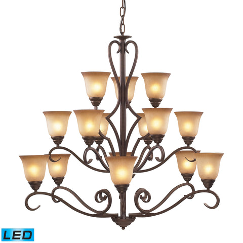 15 Light Chandelier In Mocha And Antique Amber Glass - LED, 800 Lumens (12,000 Lumens Total) With Full Scale Dimming Range, 60 Watt (900 Watt Total)Equivalent , 120V Replaceable LED Bulb Included