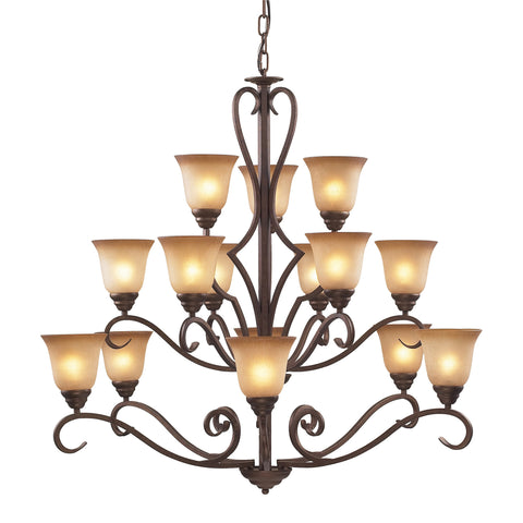 15 Light Chandelier In Mocha And Antique Amber Glass