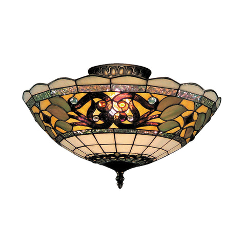 Tiffany Buckingham 3-Light Semi Flush In Vintage Antique With Tiffany Style Glass