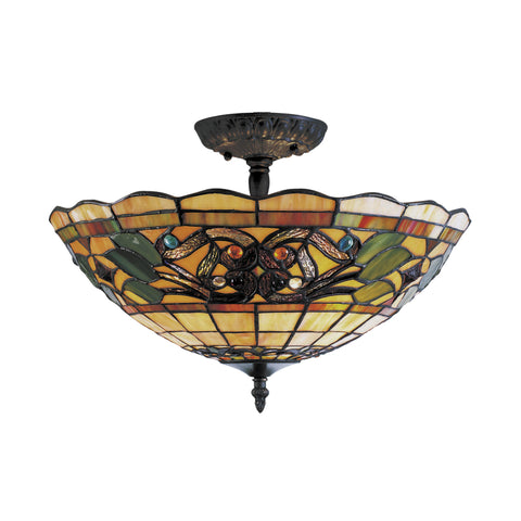 Tiffany Buckingham 3-Light Semi Flush In Vintage Antique With Tiffany Style Glass