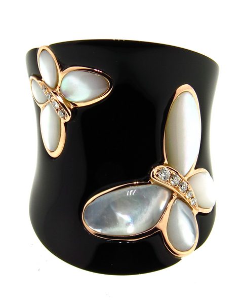 Black Agate Ring, Mother of Pearl Butterfly, Diamonds, Rose Gold