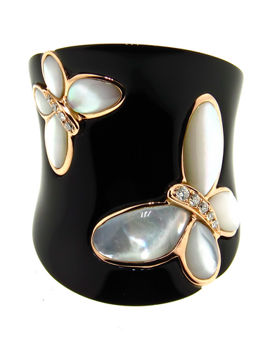 Black Agate Ring, Mother of Pearl Butterfly, Diamonds, Rose Gold