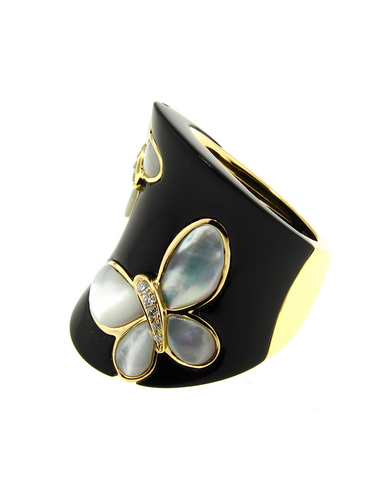 Black Agate Ring, Mother of Pearl Butterfly, Diamonds, Yellow Gold