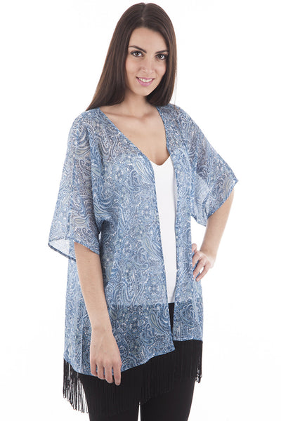 Blue Paisley Print Kimono With Tassels-Blue-M/L - UK (12-14)