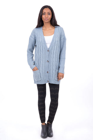 Cable Knitted Cardigan-Blue-UK 8 - EU 36