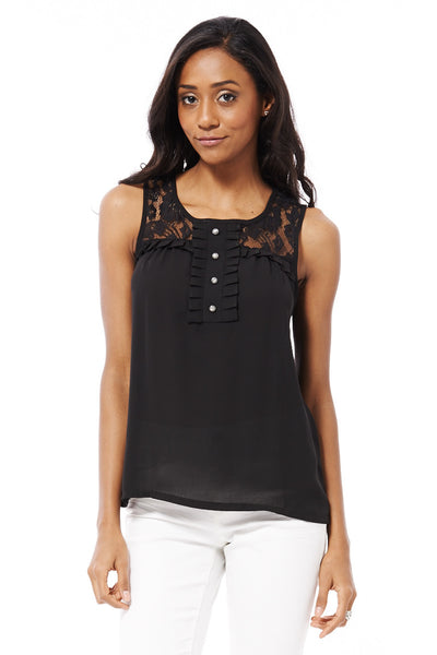 Black Lace Chiffon Top With Diamante Buttons-Black-Small - UK (8-10)