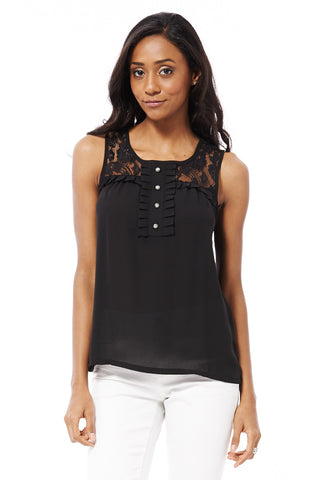 Black Lace Chiffon Top With Diamante Buttons-Black-Small - UK (8-10)