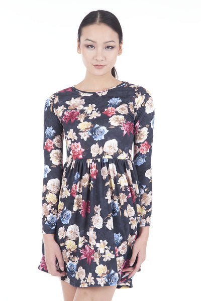 Black Floral Print Skater Dress-Black-UK 12 - EU 40