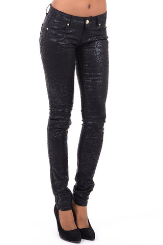 Black Shiny Paisley Jeans -Black-UK 10 - EU 38