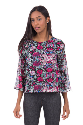 Black Blouse With Flower Design AVAILABLE IN PLUS SIZES-Black-UK 12 - EU 40
