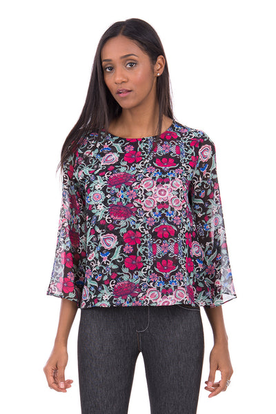 Black Blouse With Flower Design AVAILABLE IN PLUS SIZES-Black-UK 8 - EU 36