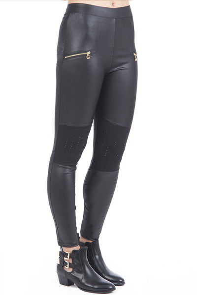 Zip and Diamante Detail Shiny Leggings-Black-M/L - UK (8-10)