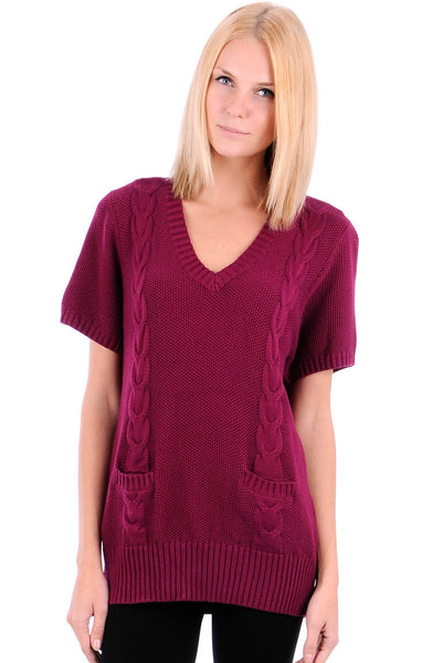 Wine Short Sleeve Cable Knit Top - PLUS SIZES AVAILABLE