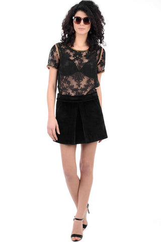 Black Lace Top With Gold And Coral Trim