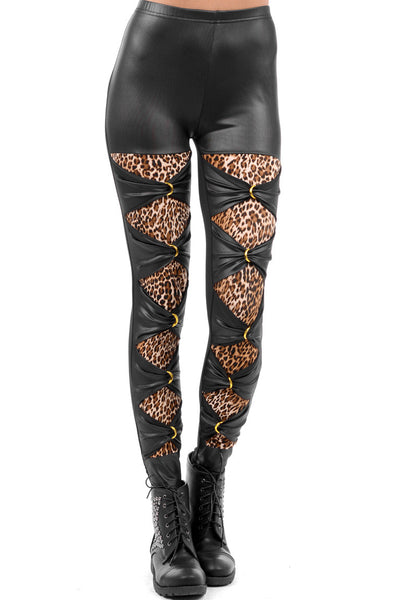 Wet Look Animal Print Detailed Leggings