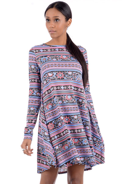 Aztec Floral Pattern Smock Dress-Fuchsia-SM - UK (8-10)