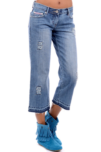 Blue Flared Ripped Jeans with Pink Bead Detail