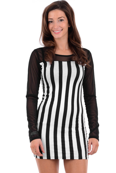 Black and White Striped Bodycon Dress with Mesh Insert