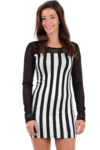 Black and White Striped Bodycon Dress with Mesh Insert