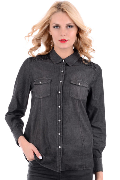 Black Denim Shirt with Diamante and Bead Shoulder Detail