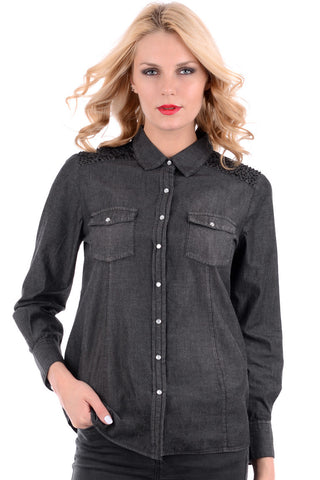 Black Denim Shirt with Diamante and Bead Shoulder Detail