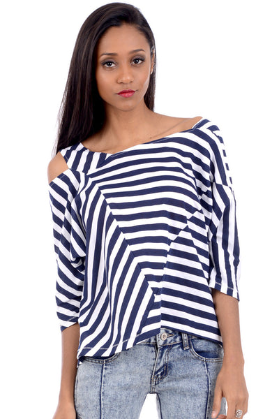 White And Blue Stripy Top With One Cut Out Shoulder