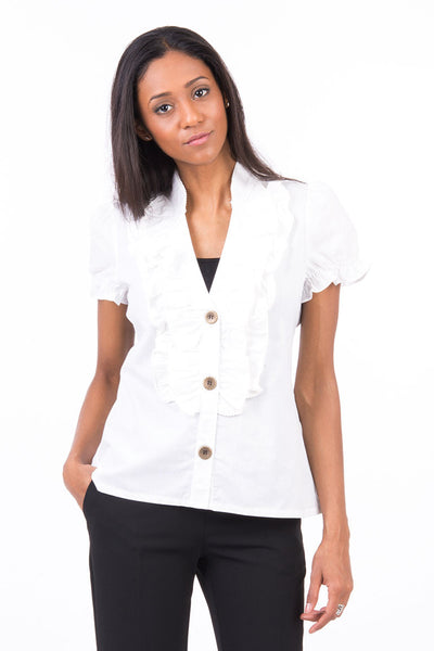 White Ruffle Front Shirt-White -Small - UK (8-10)