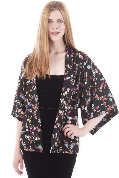 Black Floral Print Kimono Jacket-Black Floral-UK 12 - EU 40