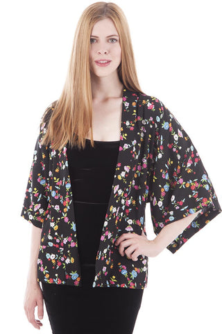 Black Floral Print Kimono Jacket-Black Floral-UK 8 - EU 36