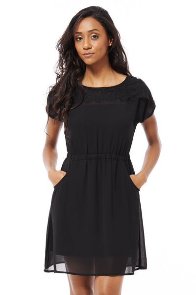 Black Chiffon Dress With Lace Detail-Black-XSmall - UK (6-8)