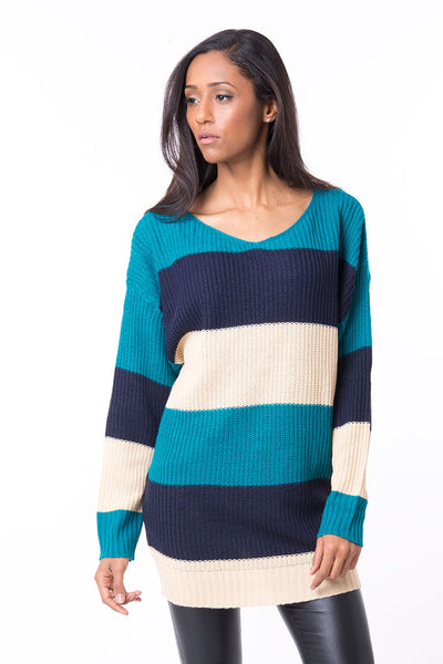 V-neck Striped Knitted Jumper-Light Blue/Peach-Medium - UK (10-12)