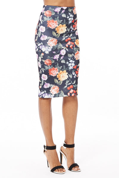Black Scuba Floral Midi Skirt Available in Plus Sizes-Black-UK 8 - EU 36