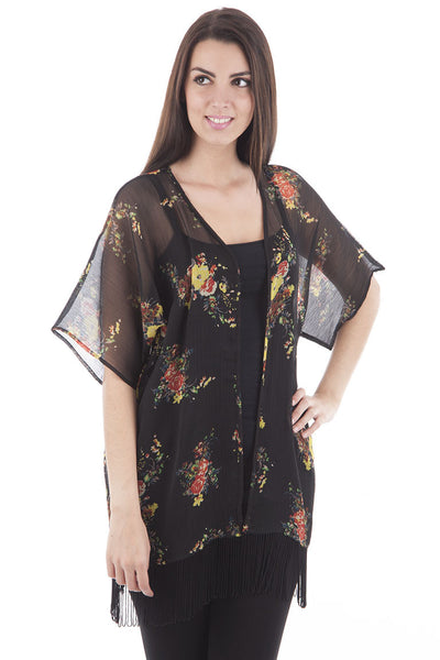 Black Floral Print Kimono With Tassels-Black-S/M - UK (8-10)
