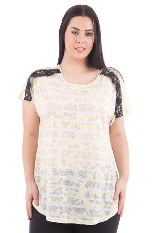 Yellow Floral Print Striped Top-Yellow-UK 16 - EU 44