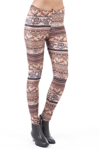 Velvet Feel Vintage Print Leggings-Brown-S/M - UK (8-10)