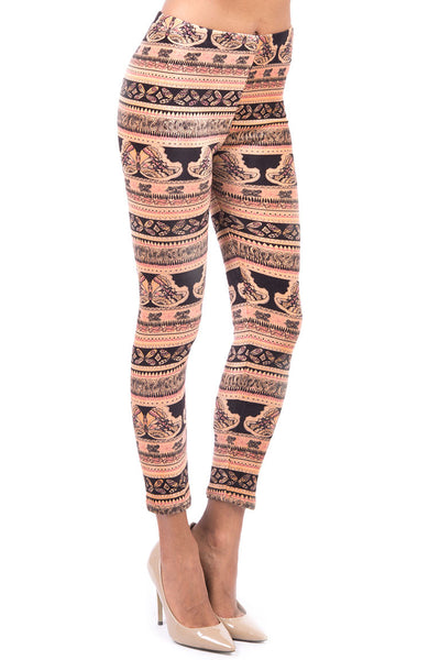 Velvet Feel Butterfly Print Leggings-Beige-L/XL - UK (12-14)