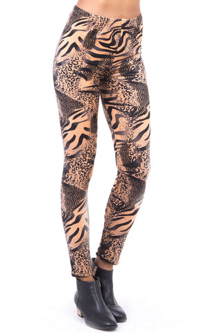 Velvet Feel Tiger Print Leggings-Camel-S/M - UK (8-10)