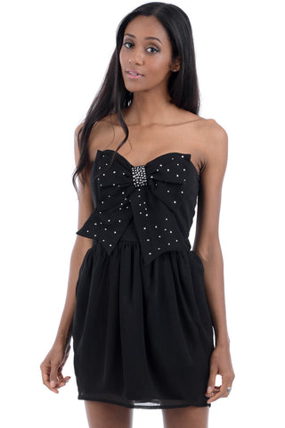 Black Boob Tube Diamante Bow Dress-Black-Medium - UK (10-12)