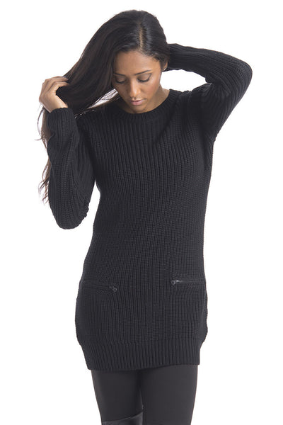 Black Bodycon Knitted Jumper With False Pockets-Black-Large - UK (12-14)