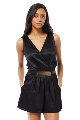 Black Silk Look Playsuit With Gold Buckle-Black-UK 12 - EU 40