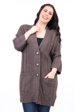 3/4 Sleeved Cable Knit Long Cardigan Available in Plus Sizes-Brown-UK 18 - EU 46