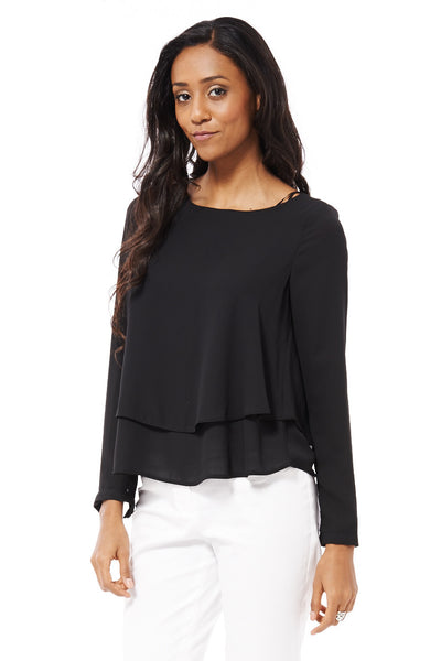Black Chiffon Top With Long Sleeves AVAILABLE IN PLUS SIZES-Black-UK 10 - EU 38