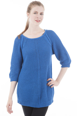 3/4 Sleeve Long Knitted Jumper-Blue-Large - UK (12-14)