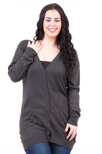 V-neck Cardigan With Front Pockets-Charcoal-UK 20 - EU 48