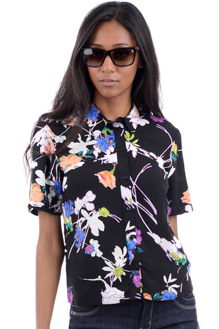 Black Floral Print Short Sleeve Shirt-Black-UK 10 - EU 38