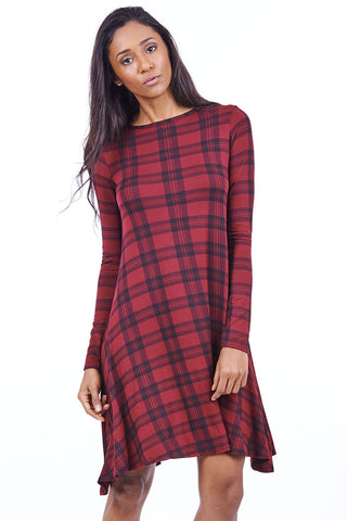Burgundy Checked Swing Dress-Burgundy-UK 6 - EU 34